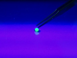 Close Up static - Tweezers lift and drop a luminescent green speck.   Stock Footage