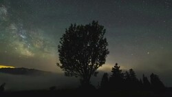 T/L milky way shot with the German Alps and a lonesome tree. Fog rolling in Stock Footage