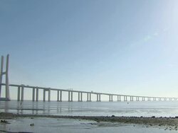 WS View of Vasco da Gama Bridge on Tagus River from Parque das Nacoes / Lisbon, Portugal Stock Footage