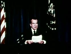 A family watches President Richard Nixon resign on television while Barry Goldwater gives a press conference. News Clip