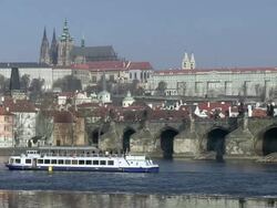 MS People walking on charles bridge over vltava river / Prague, Hlavni mesto Praha, Czech Republic Stock Footage