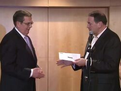 Executive Director W.O.Smith Music School, Jonah Rabinowitz, President GAC, Ed Hardy, Mike Huckabee, Aaron Tippin, and NAMM Executive Director Mary Luehrsen Stock Footage