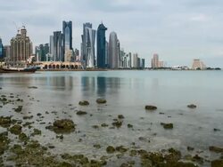 Qatar, Middle East, Arabian Peninsula, Doha, new skyline of the West Bay central financial district of Doha Stock Footage