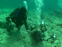 Divers with camera on sea bed, Borneo, Malaysia, Southeast Asia Stock Footage