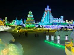 Spectacular illuminated ice sculptures at the Harbin Ice and Snow Festival in Heilongjiang Province, Harbin, China - Time lapse Stock Footage