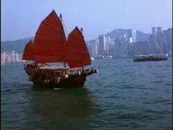MS Chinese Junk moving across frame, city skyline on horizon, Hong Kong Stock Footage