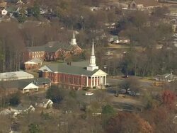 MS AERIAL Shot of church building in Kannapolis city / North Carolina, United States Stock Footage