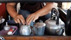 moka pot use coffee maker with hot coffee Stock Footage