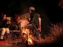 Three young women enjoying campfire in the forest, Delhi, India Stock Footage
