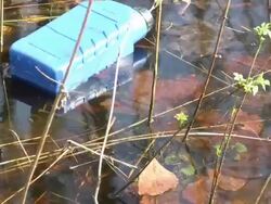 Oilcan dropped into wooden lakefront HD Stock Footage