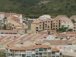 MS AERIAL Shot of buildings at Narbonne Plage Resort / Languedoc Roussillon, France Stock Footage