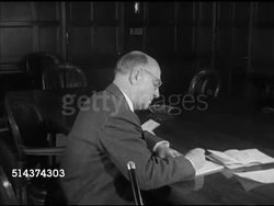1952: SECRETARY OF THE TREASURY: MS Letterhead, CU Male hand signing paper, CU George M. Humphrey signature, MS Humphrey sitting at desk, SOT saying qualified , working w/ Congress & cooperation of departments will have business administration. Instructional Video