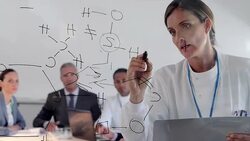 Scientist drawing chemistry diagram on glass for colleagues Stock Footage