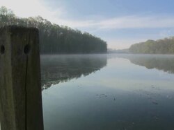 Morning misty river timelapse with moored boat Stock Footage