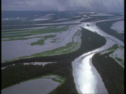Aerial of vast river flooding, River Amazon, South American Stock Footage
