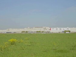 WS PAN Shot of TESLA factory of automobile manufacturing plant / Fremont, California, United States Stock Footage