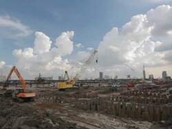 The construction site. Construction of the new building. Construction cranes. Stock Footage