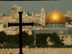 Christian Cross with Muslim Dome of the Rock in background Stock Footage