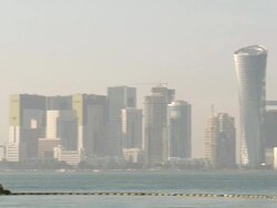 WS PAN View of Skyline of city and moored boats / Doha, Qatar Stock Footage