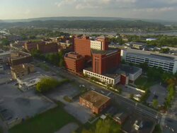 WS AERIAL View of Erlanger Hospital with Tennessee River / Chattanooga, Tennessee, United States Stock Footage