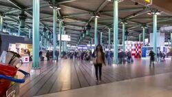 HD time-lapse: Traveler Airport station Terminal Schiphol Amsterdam Netherlands Stock Footage