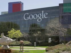 MS Pedestrians walking in front of headquarter's campus with building logo / Mountain View, California, United States Stock Footage