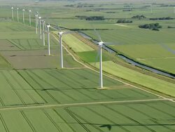  AERIAL WS ZI ZO View of wind turbine / Niebuell+Luebkekoog, Schleswig-Holstein, Germany Stock Footage