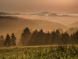 CRANE UP: Sunrise Misty Mountains Stock Footage