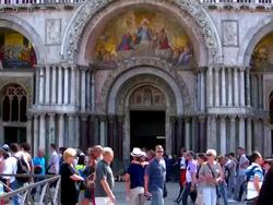 San Marco basilica entrance art in Venice, Italy Stock Footage