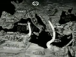 1942: MAP: Map of Europe, animated attack routes from North Africa, invading Italy, Germany. Instructional Video