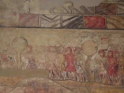 Royal Palece (Palau Reial Major), the royal banqueting hall (Salo del Tinell) drawings on the walls, Barcelona, Spain Stock Footage