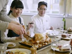 MS Shot of Friends good terms are enjoying lunch at cafÃƒÂ©, one is serving food / Kyoto, Japan Stock Footage