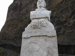 Aci Castello, view of the Giacinta Pezzana monument in front of the castle Stock Footage