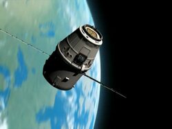 WS TS View of Space Dragon spacecraft as it swoops past with Earth and Sun  Stock Footage