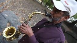 A street musician plays a saxophone in a park. Stock Footage