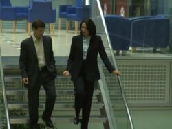Businessman and woman wakling down stairs; UK Stock Footage