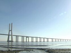 WS View of Vasco da Gama Bridge on Tagus River from Parque das Nacoes / Lisbon, Portugal Stock Footage