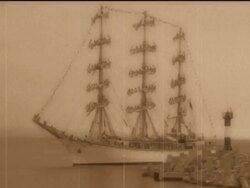 sailing ship and lighthouse Stock Footage