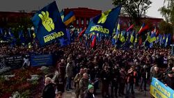 Ukrainians mark the 74th anniversary of (UPA) and the Day of Defender of Ukraine Stock Footage