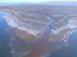 Aerial river flowing in to the Dead Sea in the Judea Desert. Sediments and deposits in delta clearly visible, Israel Stock Footage