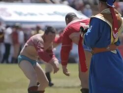 Men wrestling at Naadam Festival Stock Footage