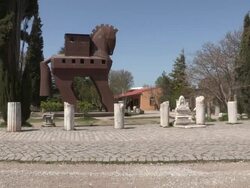 Troy, the modern interpretation of the Trojan horse in the archaeological site of Troy Stock Footage