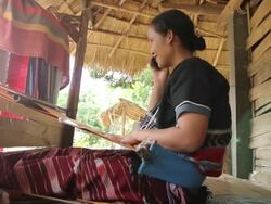 Karen women talking on the mobile phone while weaving Stock Footage