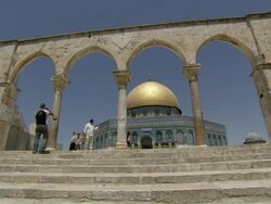 WS Family photographing near steps outside Dome of the Rock / Jerusalem, Palestine, Israel Stock Footage