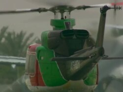 CU TD TU Shot of helicopter taking off from airport / Qatar Stock Footage