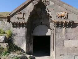 Selim Caravanserai, reliefs of a bull and winged animal above the front entry to the building Stock Footage