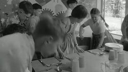 1960 MONTAGE Children eating lunch at school / United Kingdom Stock Footage