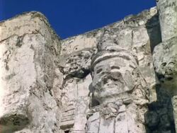 CU Mayan figures in stone, blue sky, Panama. Stock Footage