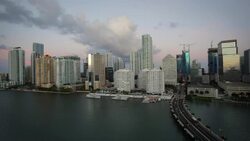View from Brickell Key, a small island covered in apartment towers, towards the Miami skyline, Miami, Florida, USA Stock Footage