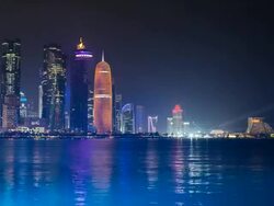 Qatar, Middle East, Arabian Peninsula, Doha, new skyline of the West Bay central financial district of Doha Stock Footage